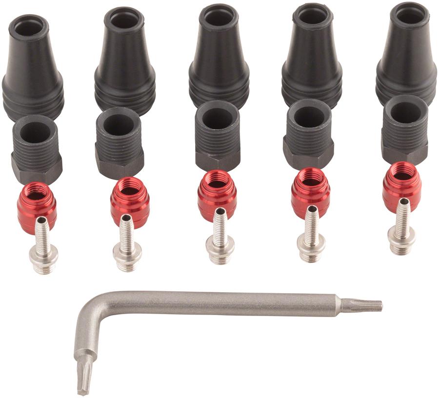 SRAM Red/Force AXS 2-Pc Disc Brake Hose Fitting Kit- 5 Threaded Hose Barbs, 5 Compression Nuts, 5 Boots, Red Comp